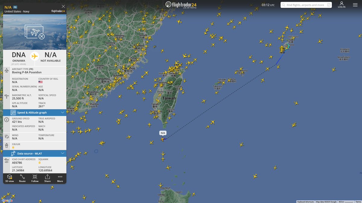 AIYeyENGDdJkjTr's tweet photo. Feb. 8, 2025
#Okinawa Kadena Air Base #South China Sea
#NoCALLSIGN #AE6786 USN P-8A Poseidon https://t.co/7rHASkRpwN