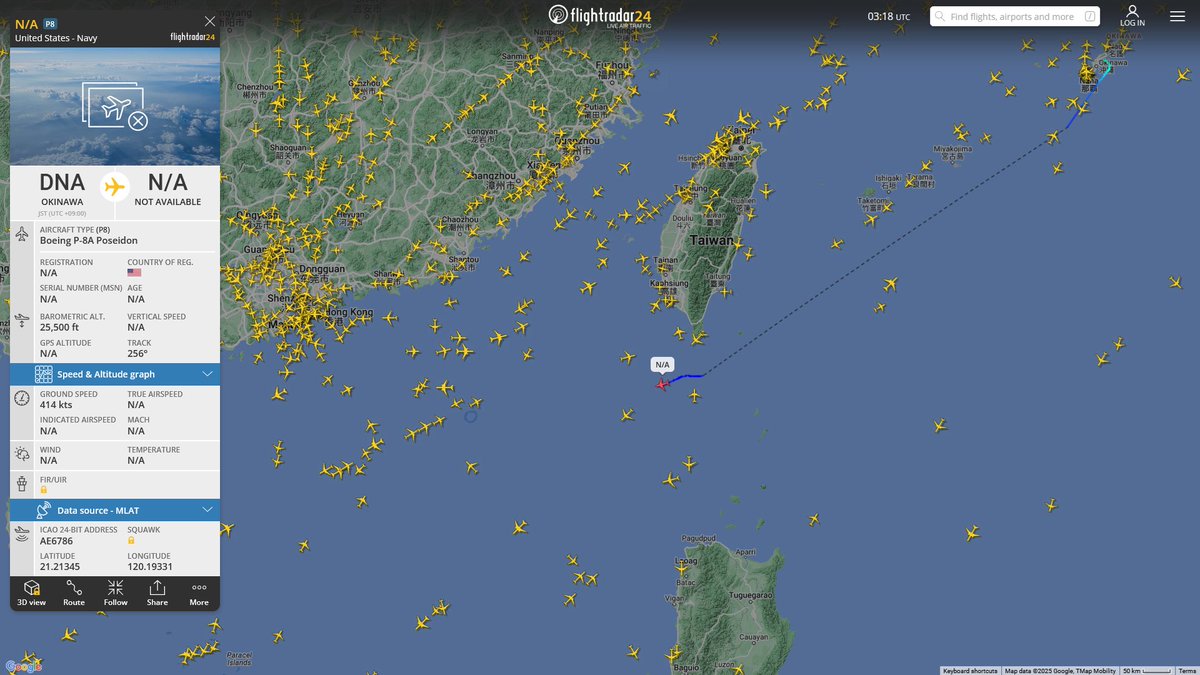 AIYeyENGDdJkjTr's tweet photo. Feb. 8, 2025
#Okinawa Kadena Air Base #South China Sea
#NoCALLSIGN #AE6786 USN P-8A Poseidon https://t.co/7rHASkRpwN