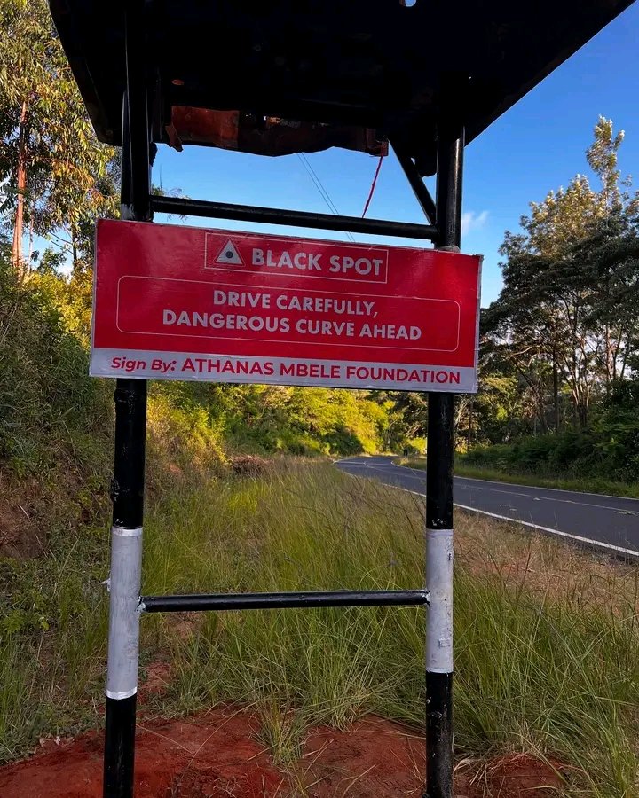 mbelefoundation's tweet photo. After the tragic accident at JOSA hotspot, the Athanas Mbele Foundation has put up a warning sign to improve road safety. 

The hanged burned car, now serves as a reminder for drivers to slow down and be careful. Let’s stay alert and drive safely to prevent more tragedies. https://t.co/DISlL7HKnT
