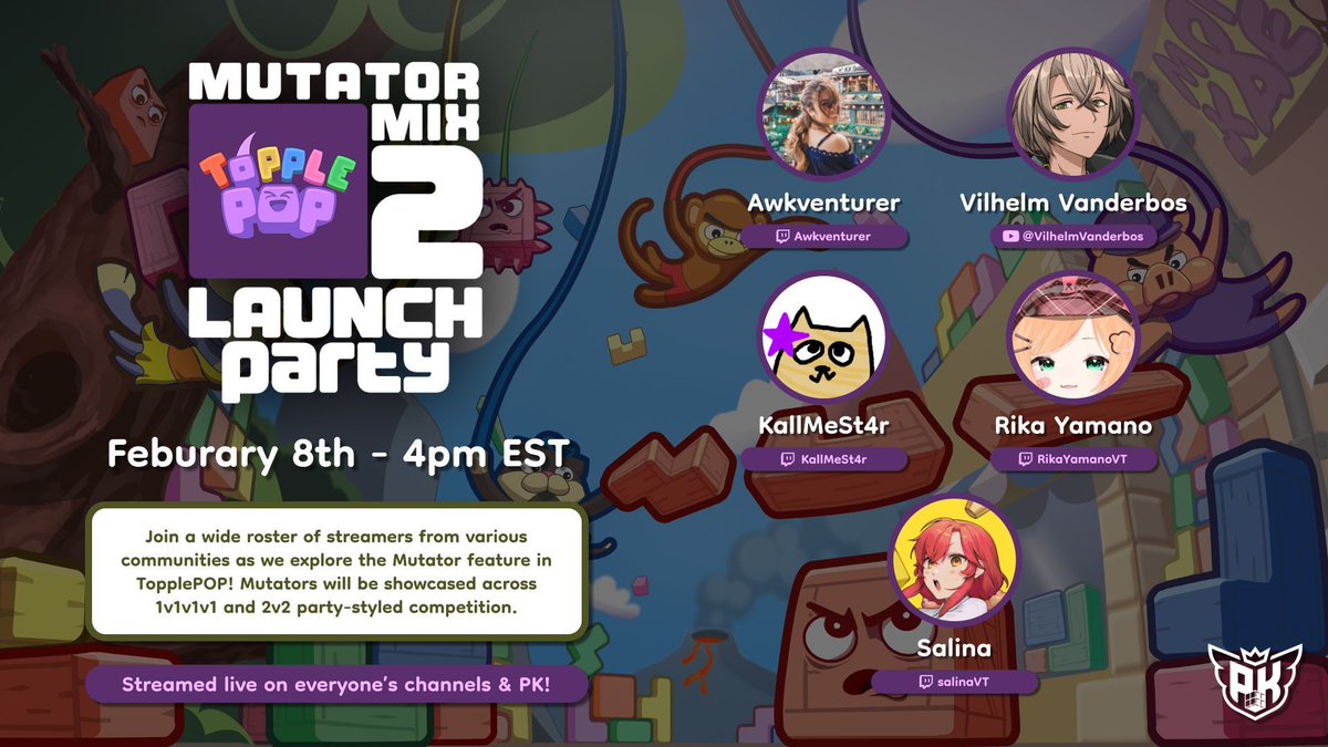PuzzleKingdom's tweet photo. We're running it back for TopplePOP Mutator Mix 2!

Celebrating TopplePOP's Early Access launch, join us as we showcase more fun gameplay with the Mutator feature and embrace fun party gaming.

Puzzle Kingdom and the creators will be live! See you tomorrow, 2/8 at 4pm ET! https://t.co/2w9vWLEphS