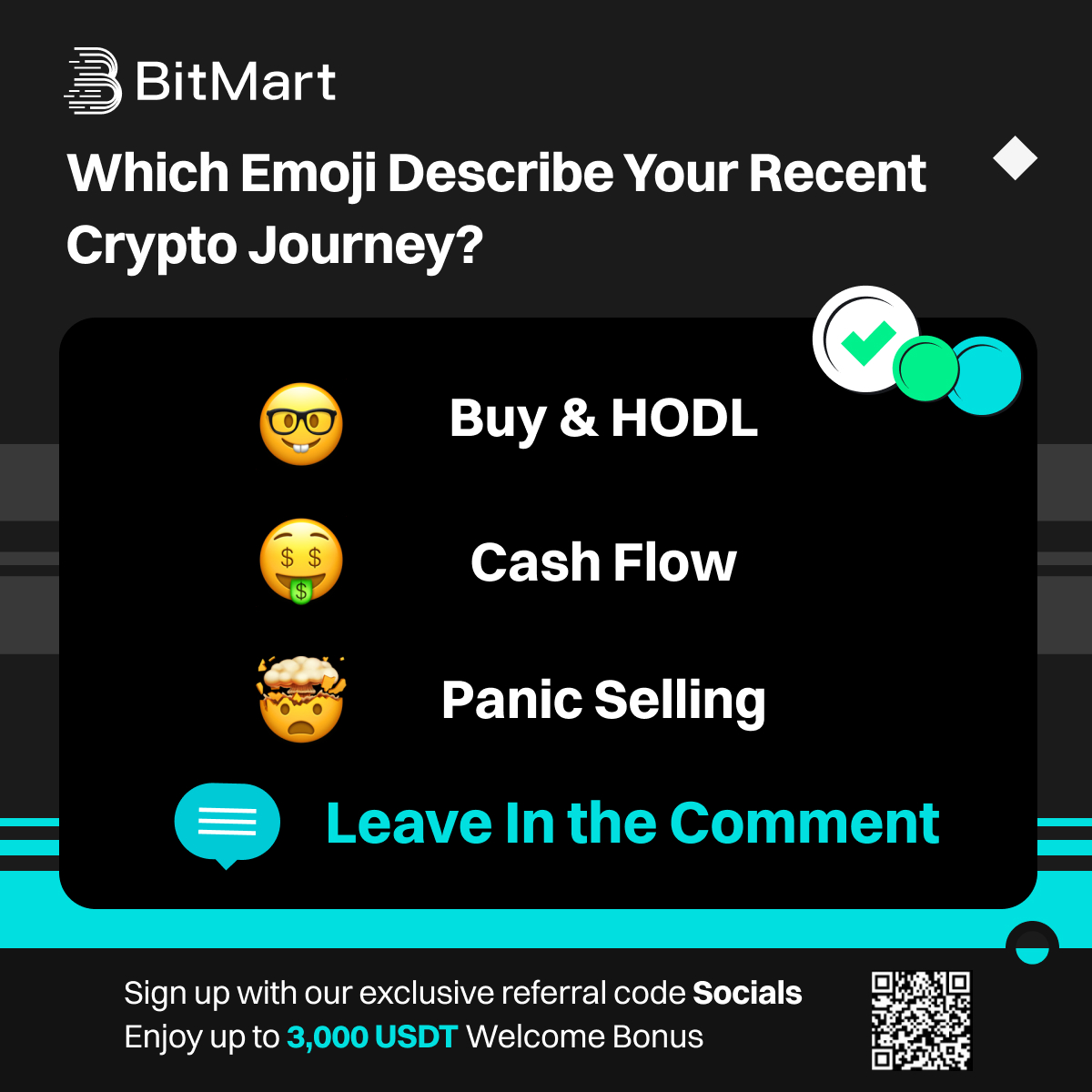 BitMartExchange's tweet photo. 🤓HODL or 🤯FOMO?

Drop your latest #crypto journey in the comments! 🤑 https://t.co/1olMU4jLxb