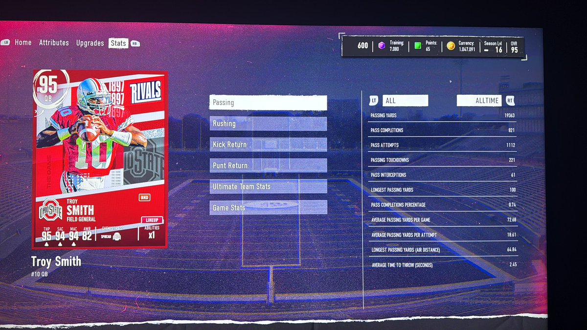 griffinwalizer's tweet photo. @yn_TroySmith @EASPORTSCollege @EASPORTS_CUT @EACollegeNews @EACFB25 @TapXMikey @IsItOutEa Does it help my odds if I show you my stats with this card 🤣 one of my earliest Buckeye memories is your 20 yd TD run against MINN in the shoe. #GoBucks https://t.co/tpf1CJFfYs