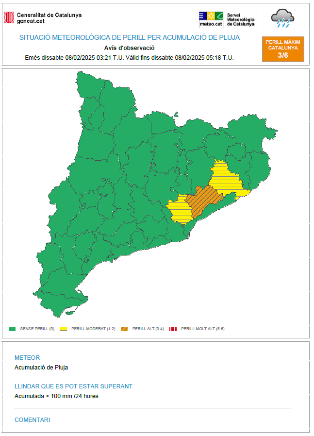 meteocat's tweet photo. Els xàfecs acompanyats de tempesta descarreguen localment amb intensitat forta a punts del prelitoral central. És probable que localment es puguin superar els 100 mm de precipitació acumulada. S'ha emès un avís en aquest sentit. https://t.co/CRCywKvfkK