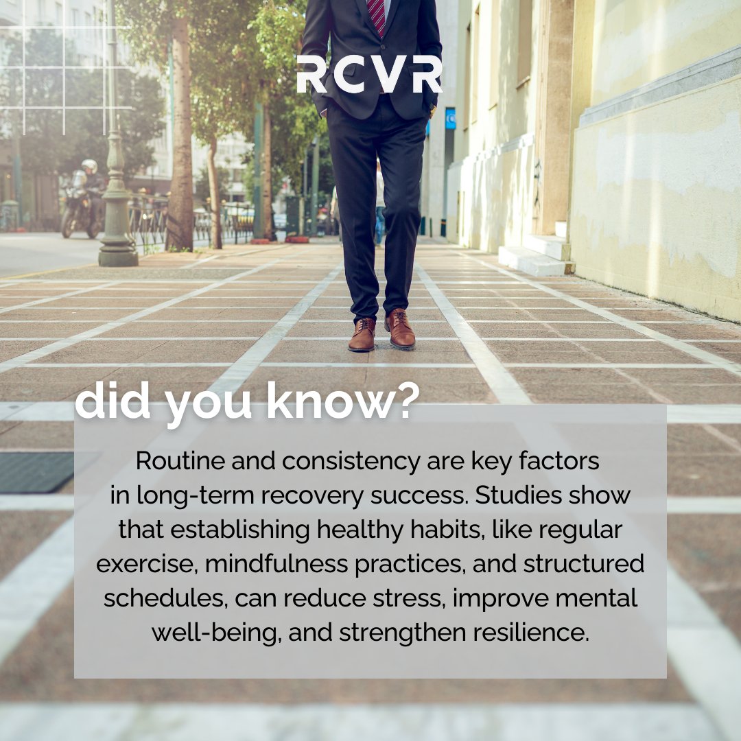 wearercvr's tweet photo. Research shows that building healthy habits, like regular exercise, mindfulness, and a structured daily routine, can help reduce stress, boost mental well-being, and strengthen resilience. Visit us at https://t.co/eT16gzO25U #RCVR #YouAreNotAlone #SupportInRecovery https://t.co/P1sd2zRspq