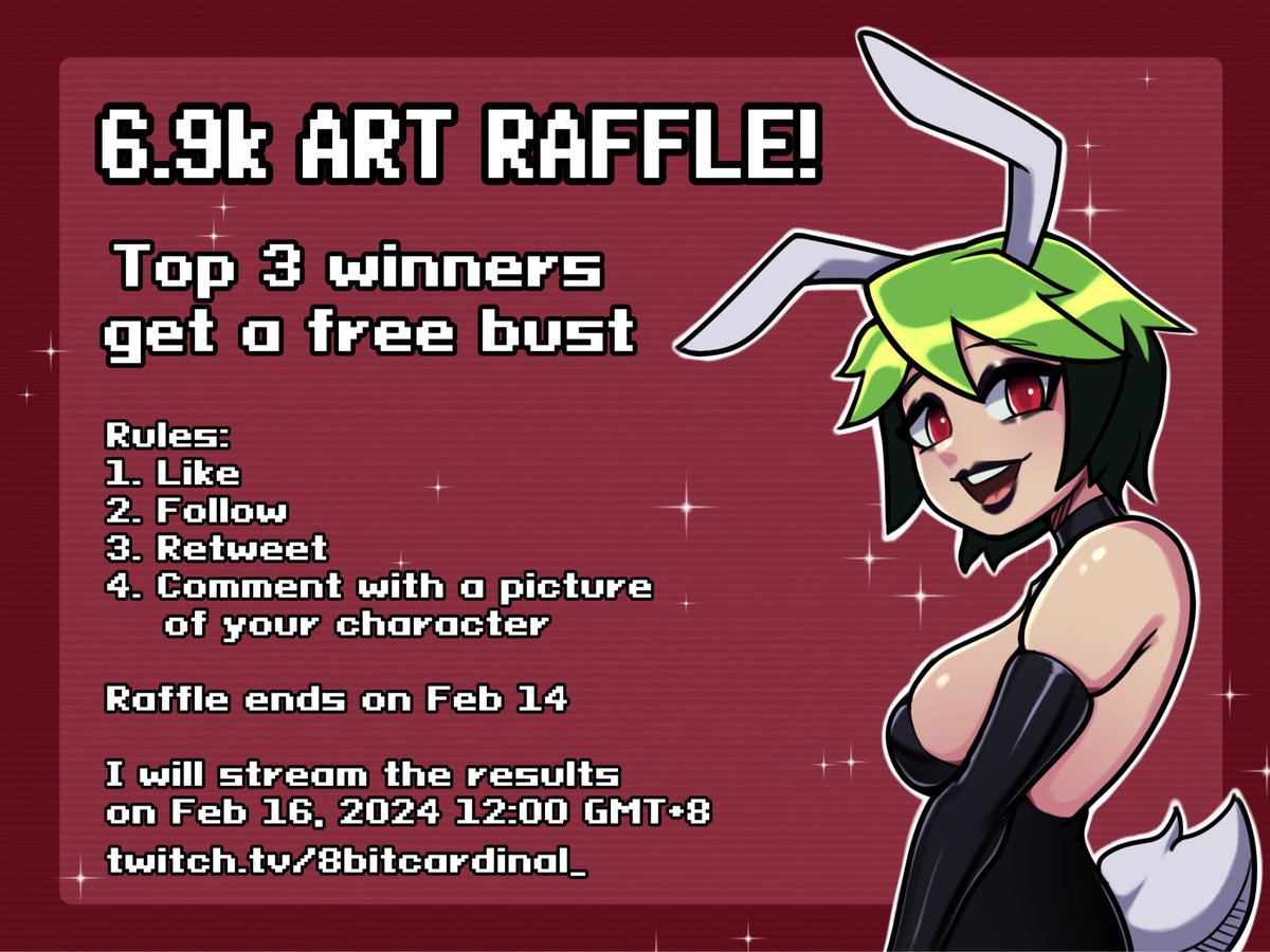 8Bit_Cardinal's tweet image. 🎉[ 6.9K FOLLOWER ART RAFFLE ] 🎉

Thank you allfor the support! To celebrate I’ll be hosting another raffle and I’ll be livestreaming painting the results on twitch!

To join
✅ Like and RT this post
✅ Comment with your ref sheet

More details in the comments
