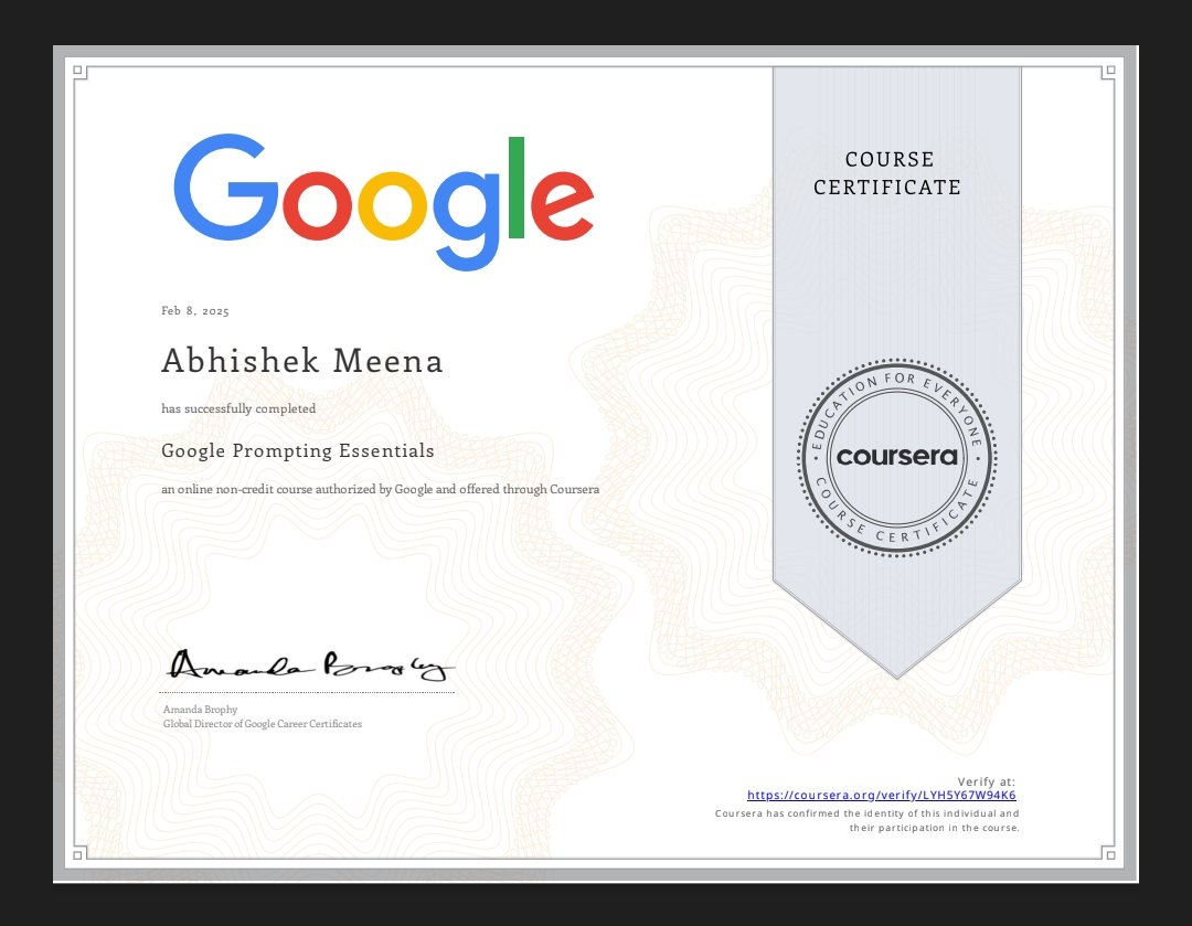 techabhii's tweet image. 🚀 Just completed Google Prompting Essentials!

Mastering AI prompting is a game changer structured prompts = better AI responses!

Big thanks to @Google &amp;amp; @coursera for this insightful course!

Who else is exploring AI prompting? Let’s discuss! ⬇️

#AI #Google