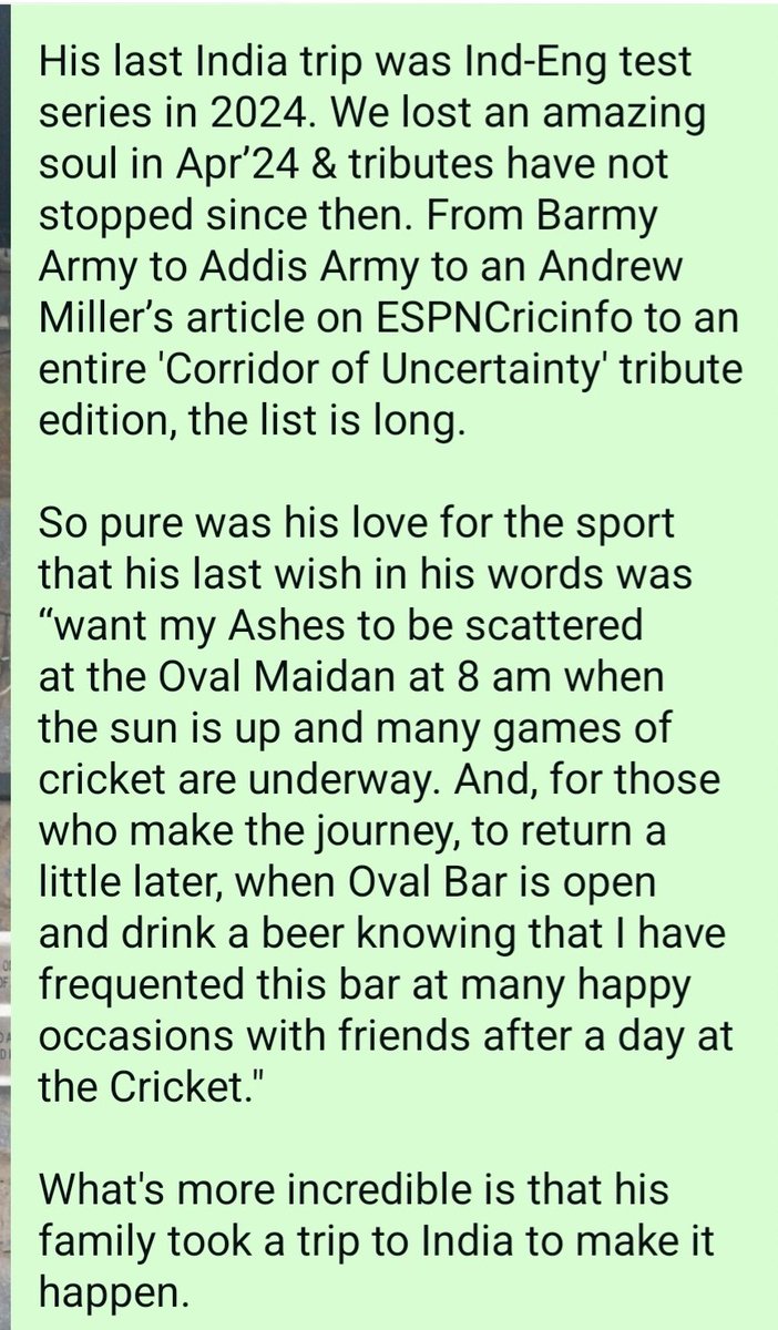Sporty_Baba's tweet image. “Want my Ashes to be scattered at the Oval Maidan at 8am when the sun is up &amp;amp; many games of cricket are underway. 

For those who make the journey, return a little later, when Oval Bar is open &amp;amp; drink a beer knowing that I have frequented this bar at many happy occasions&quot; ❤️