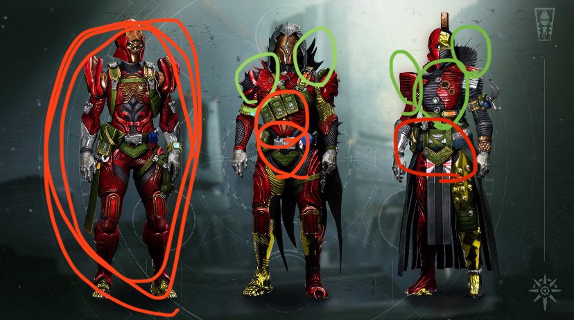 willydemilly's tweet photo. @Muffin_Bandit_ Warlock and hunter have some nice elements (green) but I really dislike how they’ve shoehorned in the tactical looking elements. If they simplified the design n only used the red n black then it would be stronger visually, n of course titan is just awful. Not visually consistent. https://t.co/c8qg1Gw95K