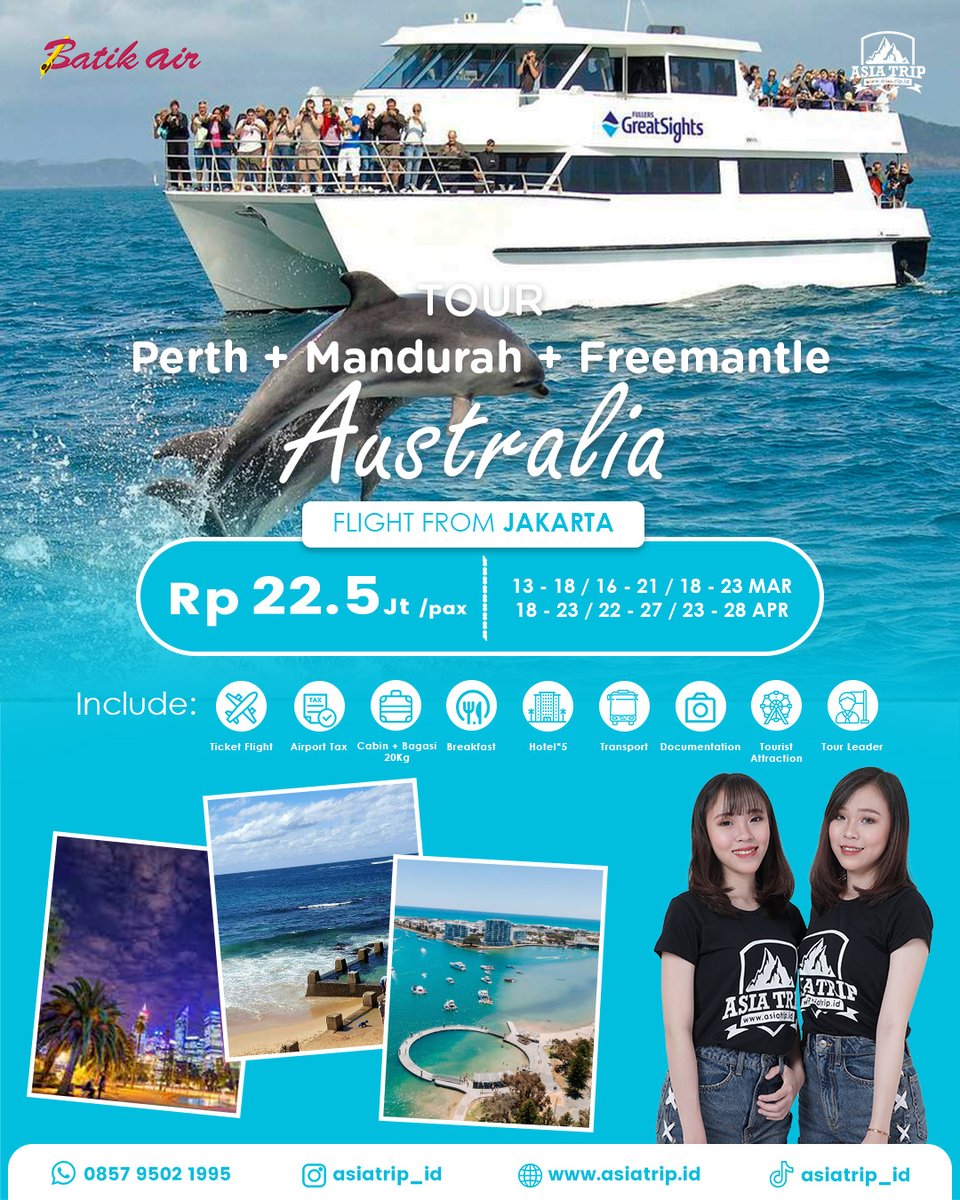 asiatrip_id's tweet photo. Tour #Perth + #Mandurah + #Freemantle, #Australia 🇦🇺
13 - 18 / 16 - 21 / 18 - 23 MAR
18 - 23 / 22 - 27 / 23 - 28 APR 2025
#Rp 22.500.000 /pax
Kami juga menerima request #privatetrip
Bebas pilih tanggal & tanpa minimal peserta
#Reservasi @asiatrip_id
WhatsApp: 0857 9502 1995 https://t.co/le1FH4UxsY