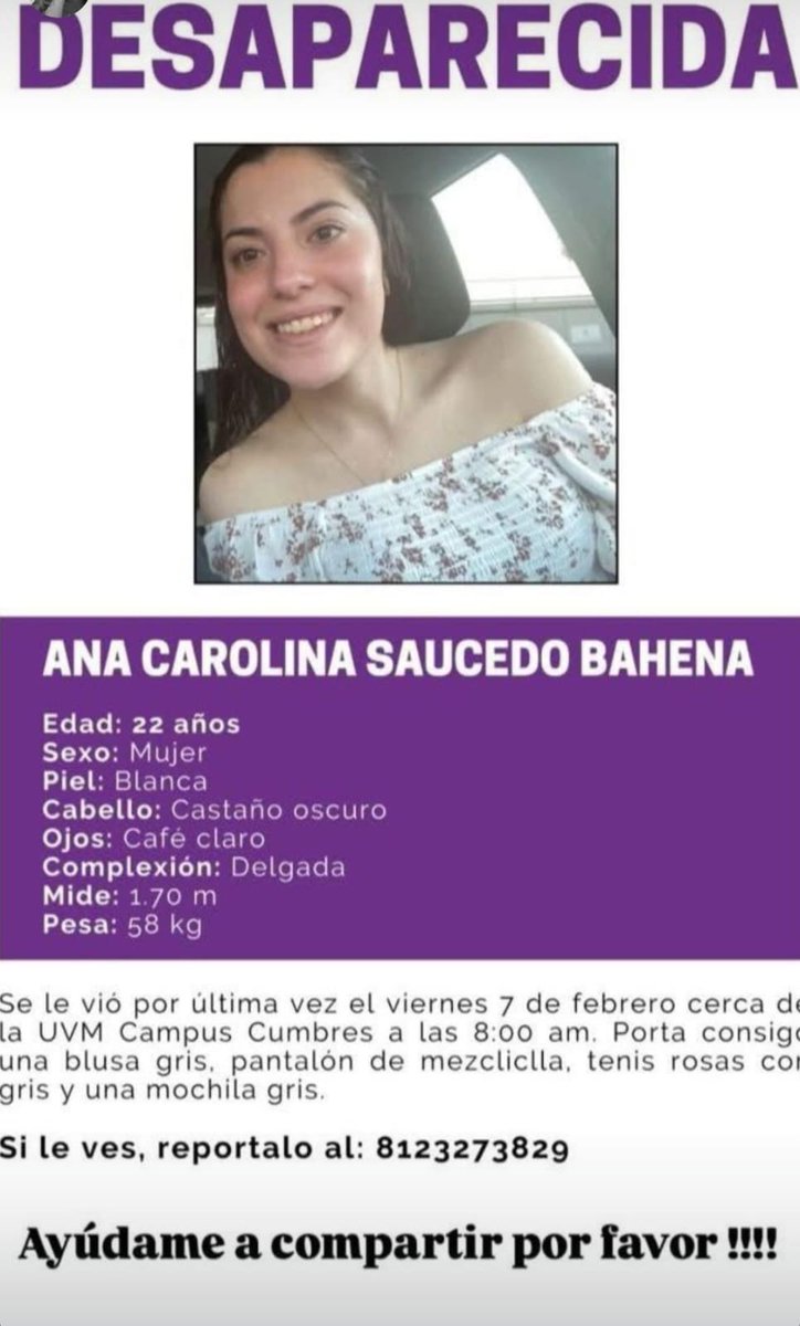 AyOjits's tweet photo. Se busca.
La vieron por última vez en la mañana en la universidad del valle de México, campus Cumbres, en Monterrey. https://t.co/x2Dwsl56EJ