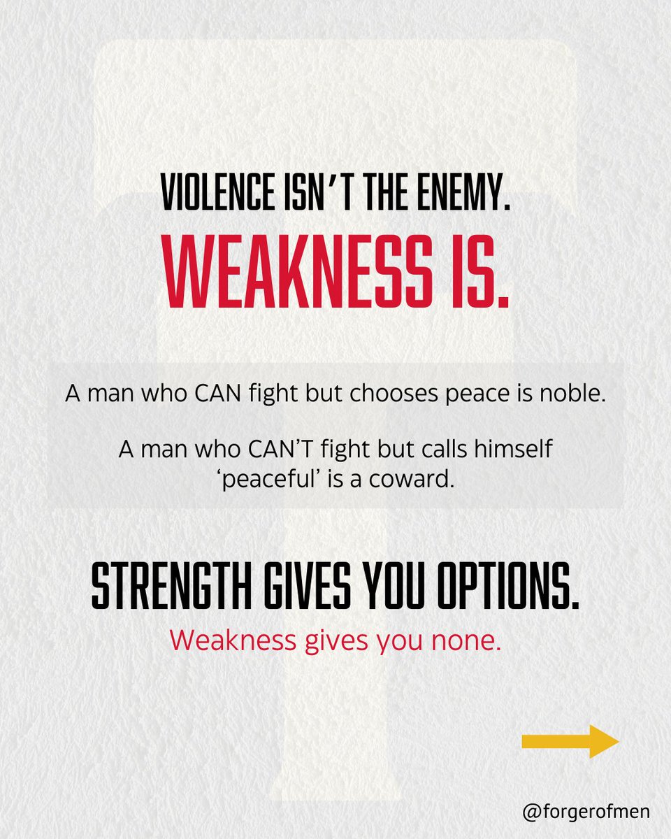 ForgerOfMen's tweet image. You were told to “be nice.” To “just talk it out.” But when real danger comes being nice won’t save you.

🚫 A weak man isn’t peaceful - he’s just an easy target.
⚔️ A strong man trains for war but chooses when to fight.

#StrongMenOnly #TrainToProtect #MasculineStrength