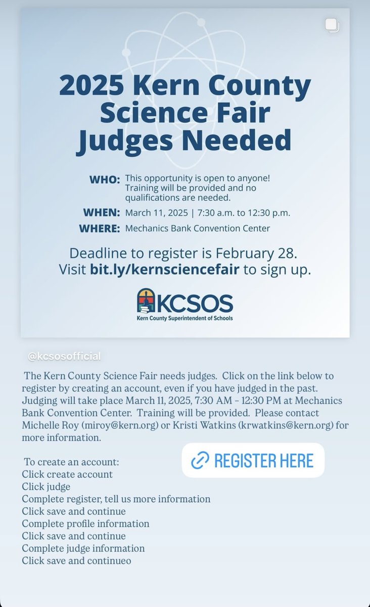 Calling all science enthusiasts! We need judges for the Kern County Science Fair! If you have a passion for STEM and want to inspire the next generation, sign up to volunteer today! Register here ca-kern.zfairs.com/App?f=7a3b8873… <a href="/KCSOS/">KCSOS</a> <a href="/4kyleatkin/">Kyle Atkin</a> <a href="/teachsci8/">Holli Gonzalez</a> <a href="/STEAMJanssen/">JustinSTEAMJanssen</a> <a href="/Chelsy4STEAM/">Chelsy Lancaster</a>