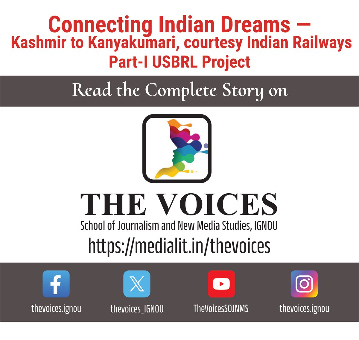 TheVoices_IGNOU's tweet photo. Connecting Kashmir to Kanyakumari!
With the final stretch of the Udhampur-Srinagar-Baramulla Rail Link (USBRL)

https://t.co/zODRAqnoeO

@RailMinIndia 

Story By: Nusrat 
Edited By: Vishnu  
Creative by: Nusrat
Caption By: Nansee

#sojnmsignou #thevoicesignou #IndianRailways https://t.co/kz6mugBxal