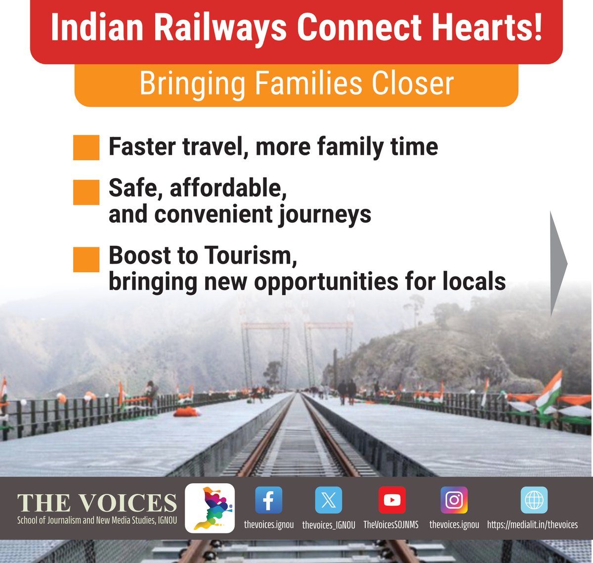 TheVoices_IGNOU's tweet photo. Connecting Kashmir to Kanyakumari!
With the final stretch of the Udhampur-Srinagar-Baramulla Rail Link (USBRL)

https://t.co/zODRAqnoeO

@RailMinIndia 

Story By: Nusrat 
Edited By: Vishnu  
Creative by: Nusrat
Caption By: Nansee

#sojnmsignou #thevoicesignou #IndianRailways https://t.co/kz6mugBxal