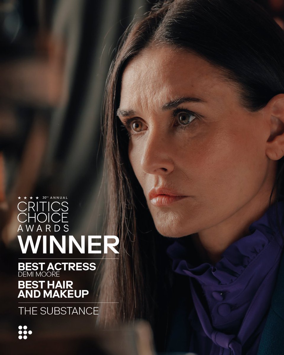 THE SUBSTANCE is now a 3x #CriticsChoice Award winner. For Best Original Screenplay (Coralie Fargeat), Best Actress (Demi Moore), and Best Hair &amp; Makeup. A MUBI Release.