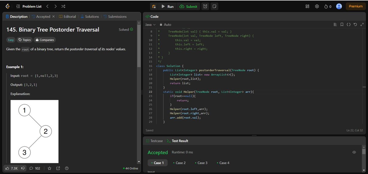 nikhilshaw575's tweet photo. 🚀 Day 72 of #100DaysOfCode 🚀

Solved @LeetCode  145: Binary Tree #Postorder Traversal 🌳
💡 Approach:
🔹 Used Recursive DFS (Depth-First Search)
🔹 Followed the #postorder sequence: Left → Right → Root
Mastering trees one traversal at a time! 🌱🔥 #LeetCode #DSA #Coding #Java https://t.co/g3ONqhho3Z