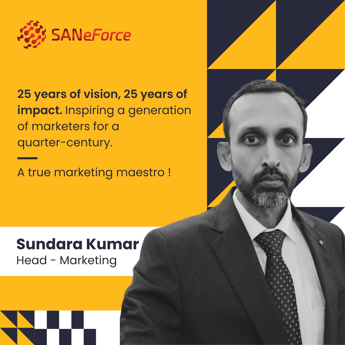 saneforce's tweet photo. From a visionary marketer to the Head of Marketing at 𝐒𝐀𝐍𝐞𝐅𝐨𝐫𝐜𝐞, Mr. Sundara Kumar’s 25-year journey has been extraordinary! ✨ 
Today, we celebrate a quarter-century of impact, innovation, and inspiration. 
Here’s to breaking more barriers and setting new benchmarks! https://t.co/rjxNyoDKKN