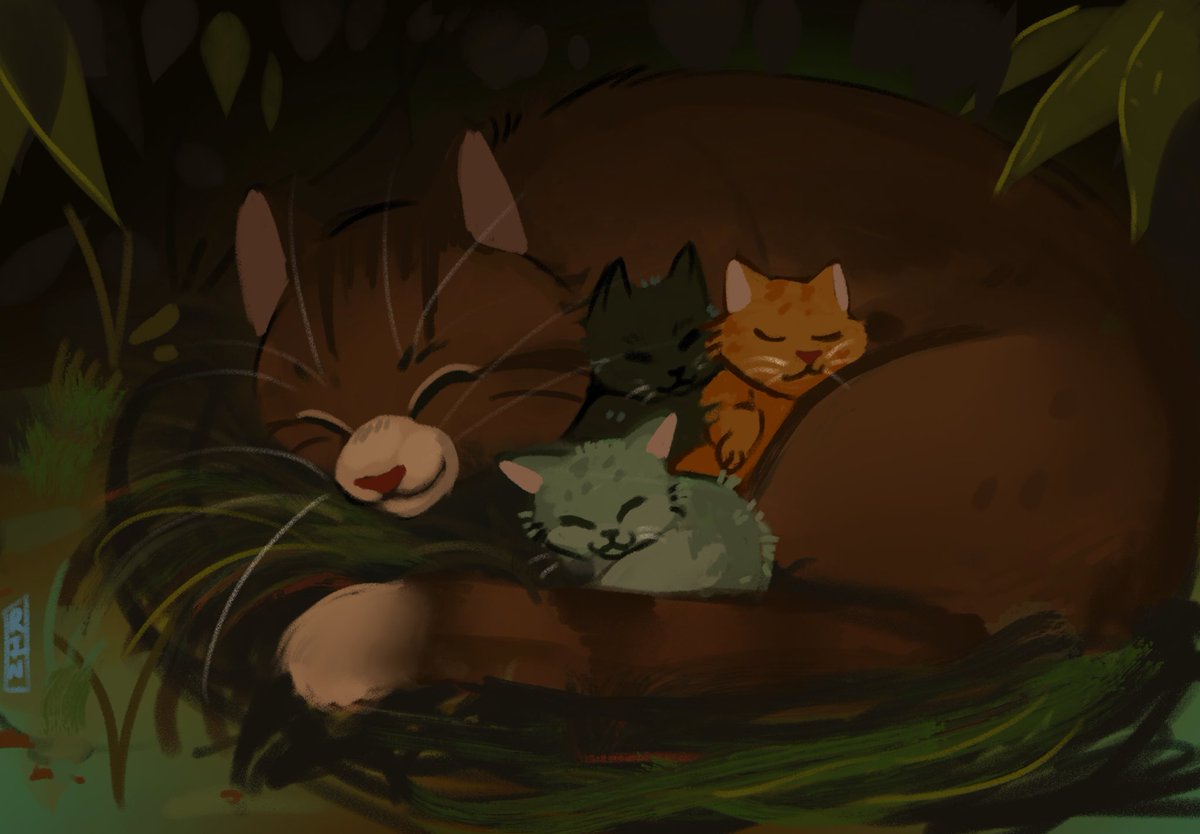 Rinnamon_toast's tweet image. Sleepover at aunty Leafpool’s #warriors #warriorcats #leafpool #fanart #procreate #illustration #books #cats