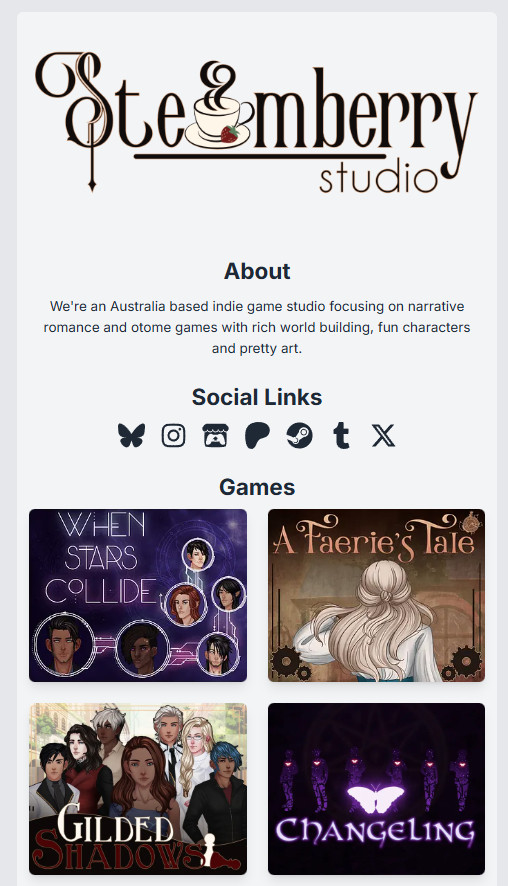 AmareGamesDB's tweet photo. Been working on the Developers page for the website the last few days when I have time.

A few things I'd like to fix around accessibility and some extra features but otherwise it's going well 

@steamberrystudio.bsky.social Developer page

#Amaregames #AGDB #otome https://t.co/jVAKPad7zM