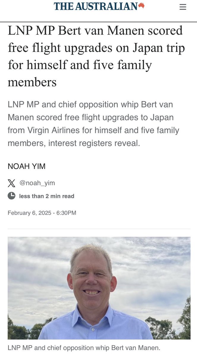 LyndaFrench19's tweet photo. Paywall
 #qldpol #LNPDirt #QldLNP
#LNP MP #BertvanManen scored #FlightUpgrades on a Trip to Japan - not only for himself, but 5 Family Members
@Qldaah @QLDLabor 

https://t.co/rO2JoDIjOZ https://t.co/kVFXxLLKtQ
