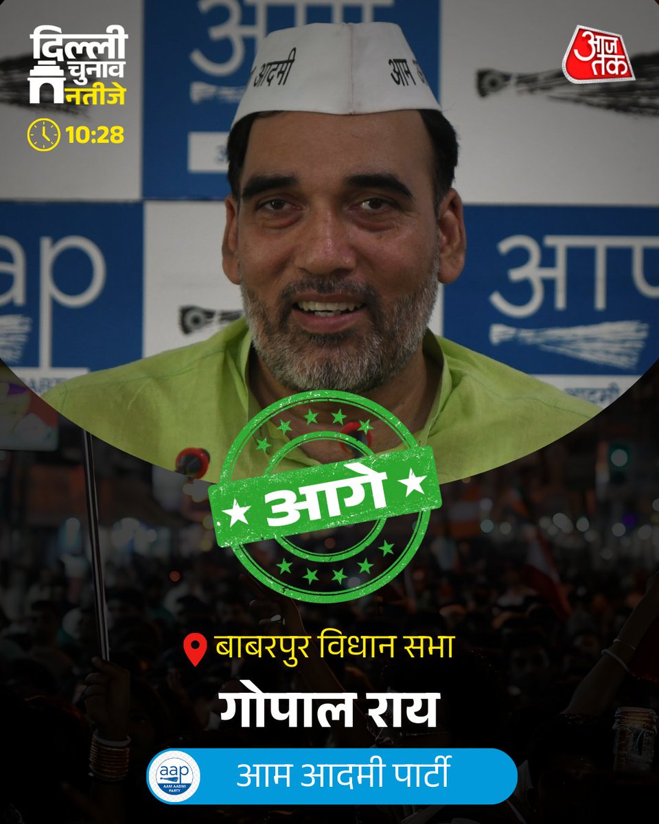 aajtak's tweet image. दिल्ली चुनाव नतीजे: बाबरपुर विधानसभा सीट से आम आदमी पार्टी के उम्मीदवार गोपाल राय फिलहाल आगे चल रहे हैं. इस सीट पर गोपाल राय का मुकाबला बीजेपी के अनिल कुमार वशिष्ठ और कांग्रेस के इशरख खान से है.

#GopalRai #DelhiElection #DelhiAssemblyElection #DelhiElectionResults