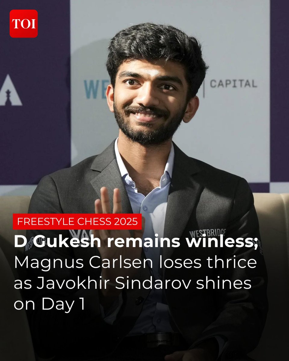 timesofindia's tweet image. Indian GM #DGukesh, the youngest-ever #WorldChessChampion, endured a challenging opening day.

Entering the tournament as the replacement for #ViswanathanAnand, Sindarov emerged as the star of the day, delivering an impressive 4.5/5 score. His standout moment came with a win over