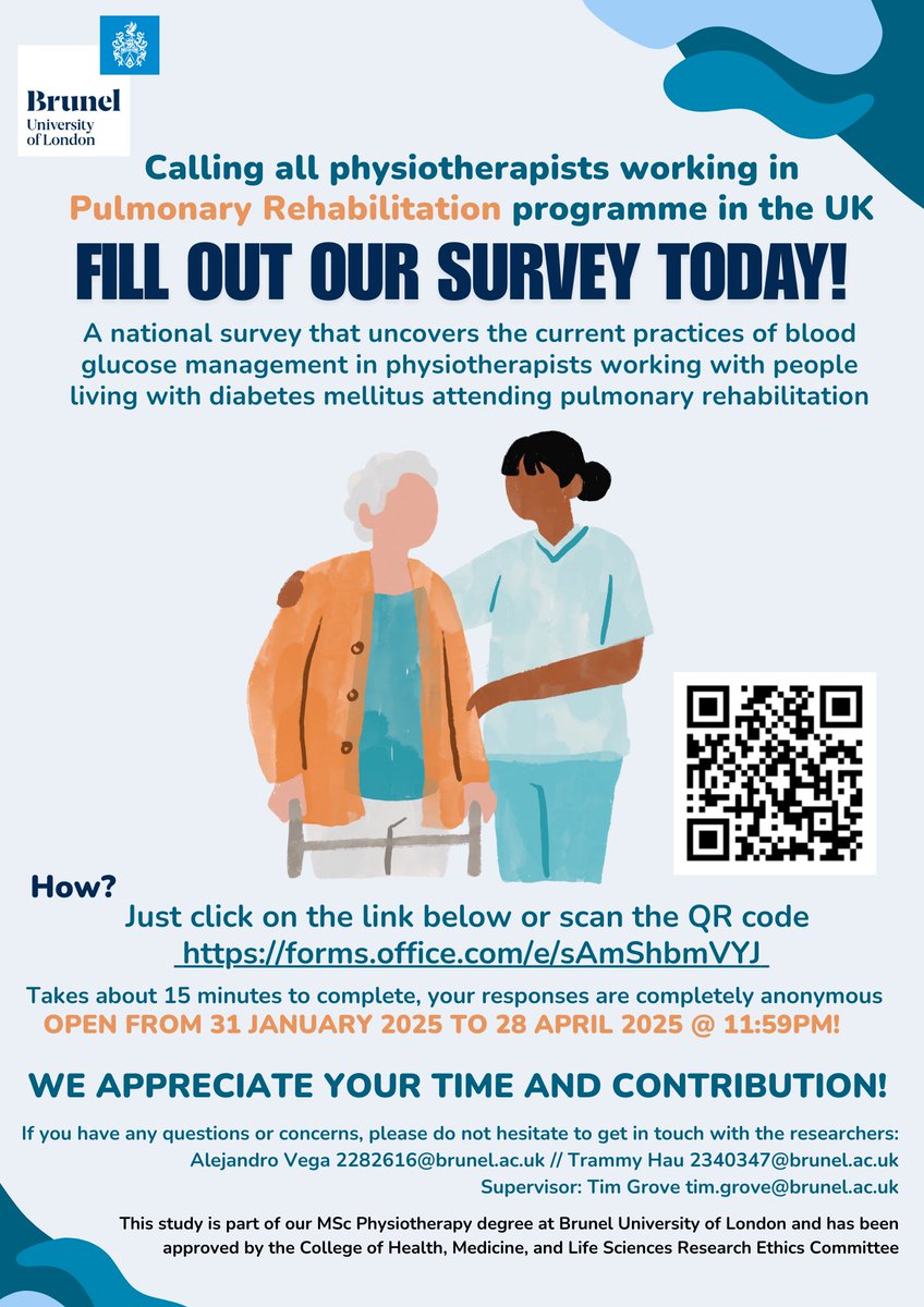 Calling all UK Physios working in pulmonary rehab: Please take a moment to complete this survey about the current practices of physiotherapists’ blood glucose management of people living with diabetes mellitus attending pulmonary rehab.