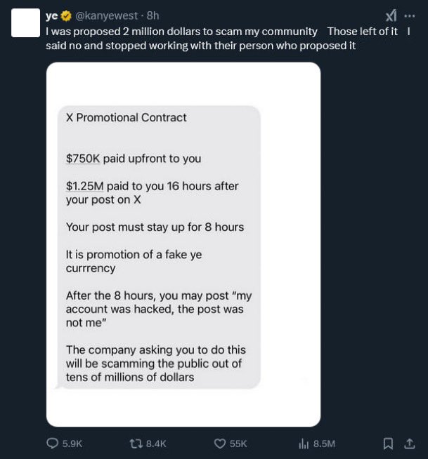 thisisksa's tweet photo. 🚨JUST IN: Kanye West was offered $2 million to launch a Fake “Ye” token in order to scam people of millions of Dollars.

He was told to say his account was hacked at the end of the day.
Thankfully, he refused to do it.

Things are getting wild.

It’s possible that most of the celebrity rugs were arranged just like this.

What do you think?