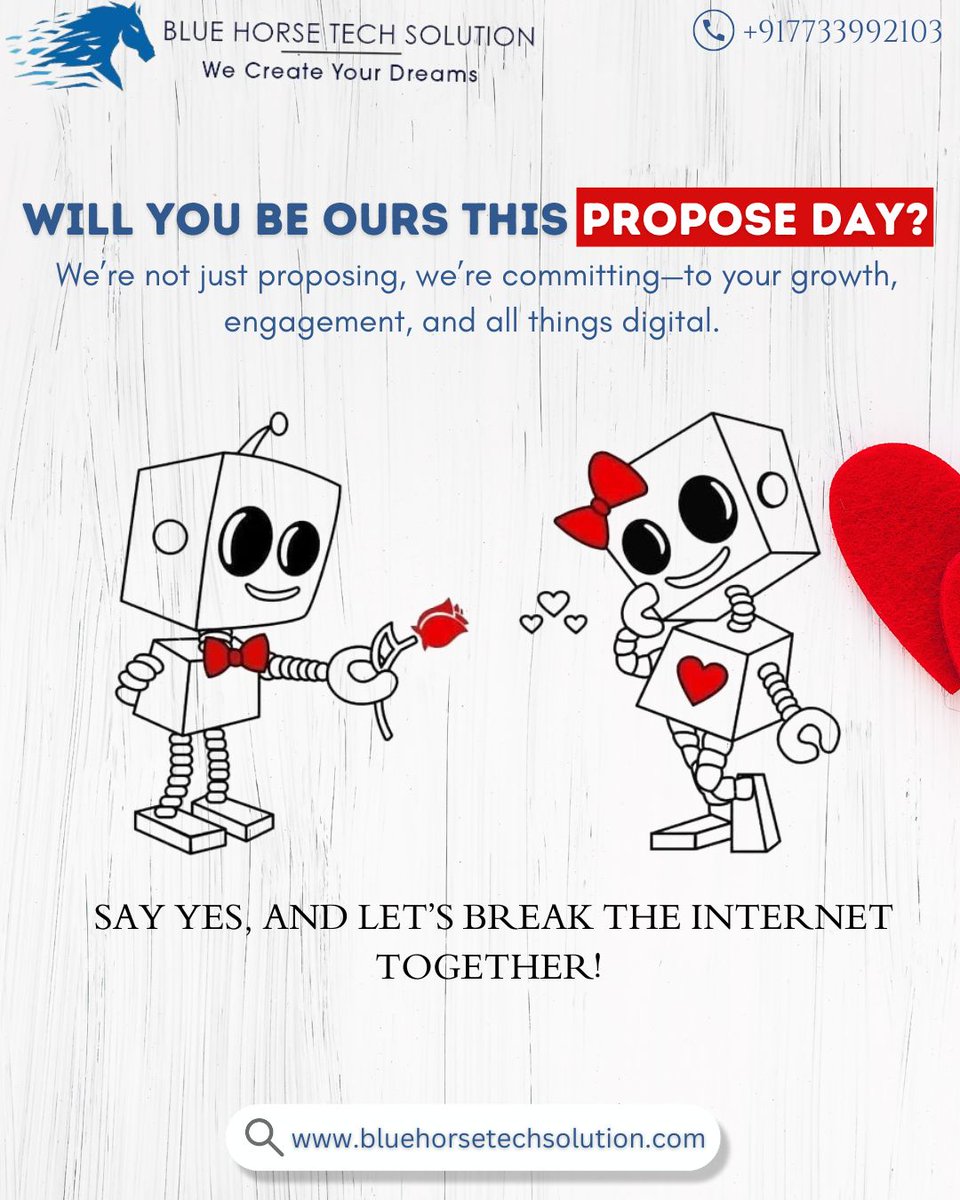 bluehorsetech's tweet image. Don’t ghost us now!

📩 Call us at +917733992102/917733992103 or visit bluehorsetechsolution.com to start your digital love story today.

#bluehorsetechsolution #proposeday #digitallove #sayyestogrowth #digitalmarketingvibes #digitalmarketingcompanyinindia