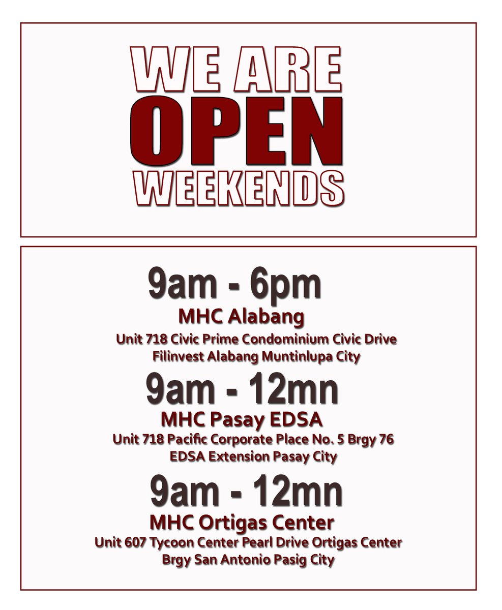 MyHub_Cares's tweet photo. #MyHubCares: We are OPEN on weekends
MHC Alabang: 9am-6pm
MHC Pasay EDSA: 9am-12mn
MHC Ortigas Center: 9am-12mn
#OneMHC
#tatakMHC
#alagangMHC https://t.co/FR0gkVMGn8