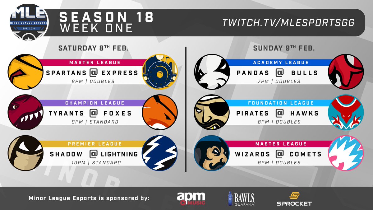 🔵SEASON 18 WEEK 1 IS HERE⚽️🚗

🎥This weekend, Sat. 2/8 to Sun. 2/9, on:
➡️twitch.tv.com/mlesportsgg ⬅️

Come on out and support your team!

🗓️Sat. 2/8 Starts at 8 PM ET
🗓️Sun. 2/9 Starts at 7 PM ET

Good luck, have fun, game on!

#MLESeason18 #MLE #Esports #RocketLeague