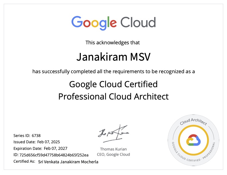 Janakiram MSV (@janakiramm) on Twitter photo Back to basics. Renewed my <a href="/googlecloud/">Google Cloud</a> Professional Cloud Architect certification for the 4th time. Back to basics. Renewed my <a href="/googlecloud/">Google Cloud</a> Professional Cloud Architect certification for the 4th time.