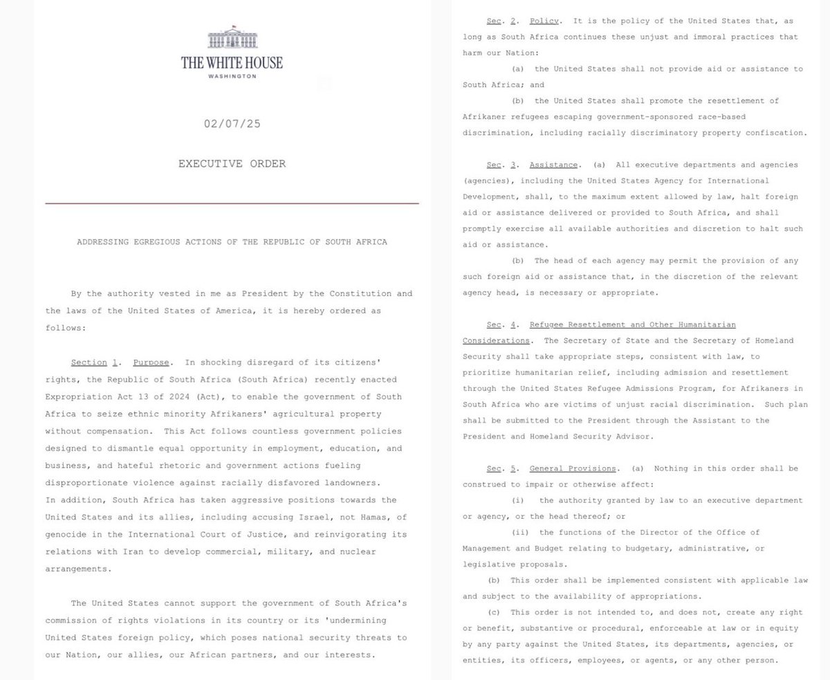 LBuhlerh's tweet photo. US President, Donald Trump has signed an executive order against South Africa (SA) in relation to its Expropriation Act and SA’s case against Israel at the International Court of Justice, claiming that he is:

“ADDRESSING EGREGIOUS ACTIONS OF THE REPUBLIC OF SOUTH AFRICA” https://t.co/kOwMykhQ0r