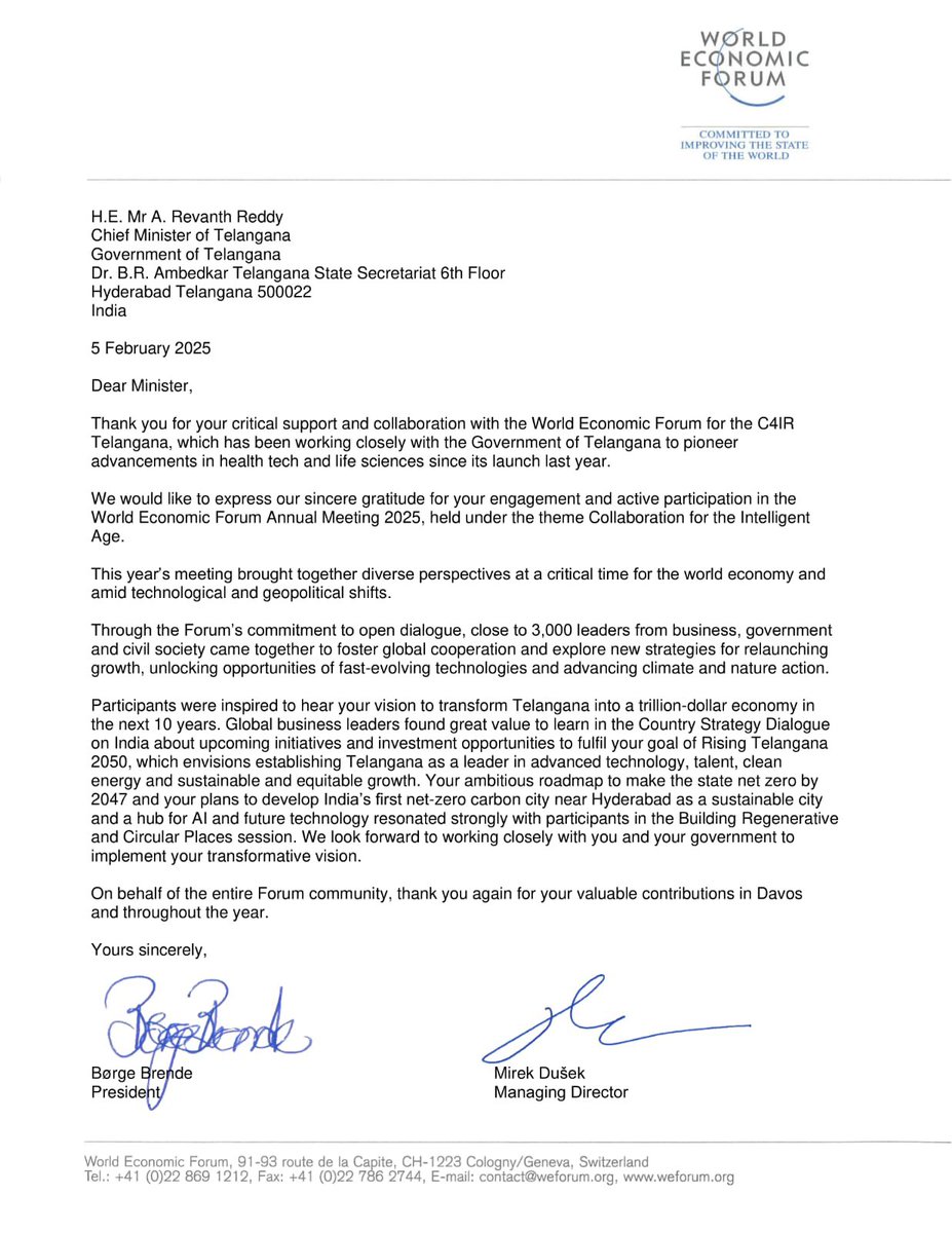 bonthurammohan's tweet photo. Immense gratitude to H.E. Mr. A. Revanth Reddy garu, Hon’ble Chief Minister of Telangana, for your visionary leadership at the #WEF2025! Your steadfast commitment to propelling Telangana towards a trillion-dollar economy is truly inspirational. Your strategic focus on clean energy and technological advancement stands as a beacon of hope and innovation.

The Forum’s recognition of your work in health tech, life sciences, and sustainable growth reinforces Telangana's position as a pioneer in innovation and clean energy. Under your guidance, Telangana is poised to emerge as a global leader in sustainable development and tech innovation 🙌.

#RisingTelangana2050

@revanth_anumula 
@RahulGandhi 
@kcvenugopalmp 
@TelanganaCMO 
@INCTelangana 
@INCIndia