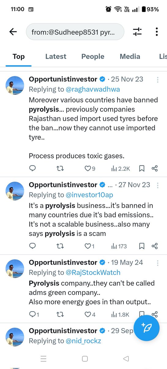 sudheep8531's tweet photo. Resgen
#resgen
I have warned about this company many times.
Have fallen from 180 to 90.

It's just a pyrolysis oil making company.
There are 100s of them in rajasthan.
Pyrolysis is not environmentally friendly. It's banned in lots of developed countries.
Most countries dump thier old tyre in rajasthan were these companies use pyrolysis method for converting it to oil.
A method banned by many developing countries for pollution,
https://t.co/ci3mOHXkmY

No scalability in business 
Pollution 
Health hazards are the issues.