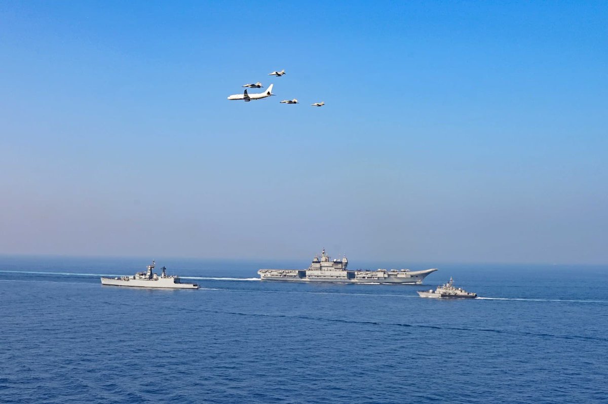 DeccanChronicle's tweet photo. The #IndianNavy is currently conducting its largest biennial Theatre Level Operational Readiness Exercise #TROPEX  2025 in the Indian Ocean Region. 
Over 65 ships, 9 submarines, and 80+ aircraft are showcasing India's naval strength and enhancing operational readiness through complex maritime scenarios, live-fire drills, and joint operations with the #Army , #AirForce, and #CoastGuard. 
#TROPEX2025 #IndianNavy #MaritimeSecurity #NavalStrength