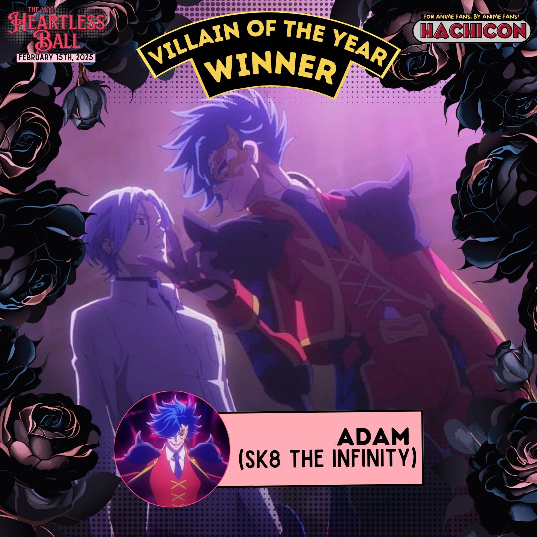 hachi_con's tweet photo. The polls are closed and the votes are in! The number one villain is (drumroll, please) Adam from Sk8 the Infinity!! Keep an eye out for some fun themed surprises at the dance! 👀
.
#HachiCon https://t.co/UpGTdnvARC