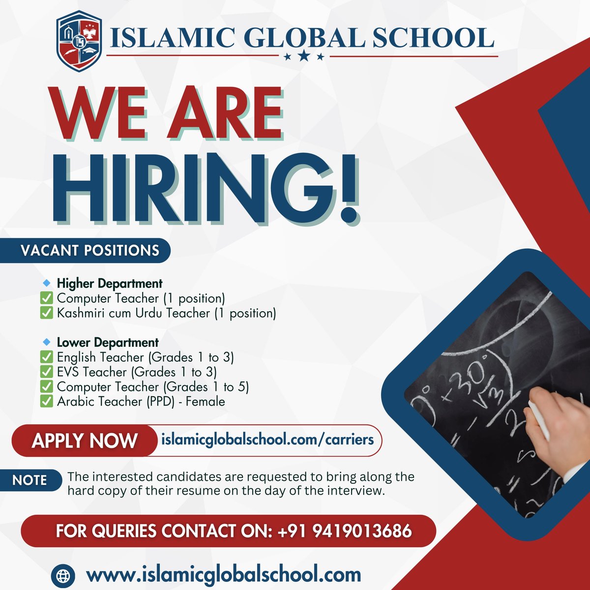 IslamicGlobalSc's tweet photo. 📢 WE ARE HIRING! 📢

Islamic Global School, is looking for passionate educators! 🌟
📩 Apply Now: https://t.co/e8GlXCMnyh
📞 Contact: 9419013686
🚀 Join us &amp; make a difference!
#WeAreHiring #TeachingJobs #IslamicGlobalSchool #EducationMatters https://t.co/jEwx3Kn8dA