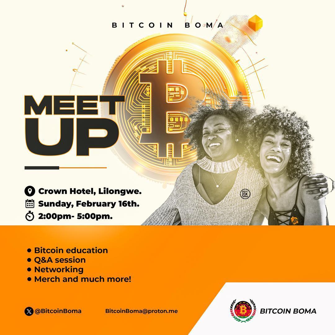 Loki_Megaa's tweet image. Join us for the ultimate Bitcoin Boma Meet Up on February 16th, 2025! 📅

🔹 Learn from experts in Bitcoin Education
🔹 Get your questions answered in our Q&amp;amp;A Session
🔹 Network with like-minded individuals

📍 Crown Hotel, Lilongwe | ⌛ 2pm - 5pm
 #BitcoinBoma