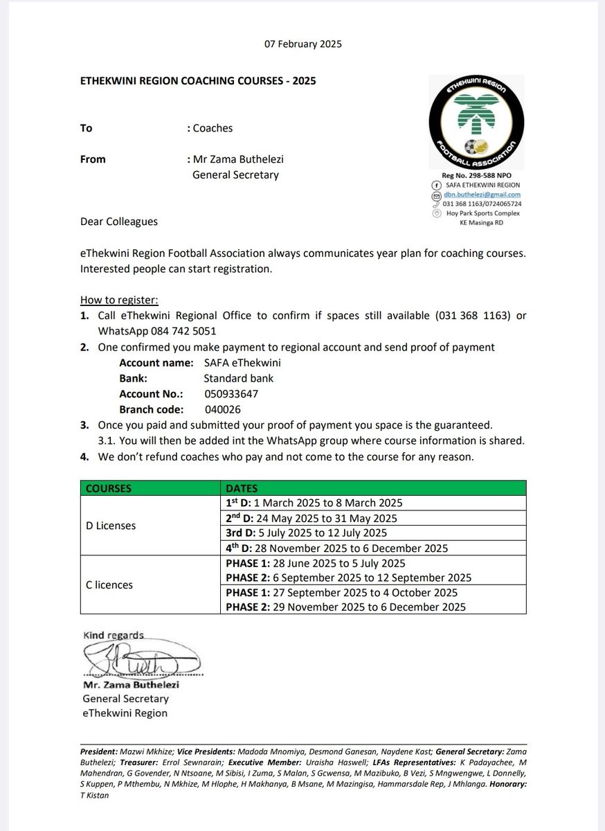 DbnZama's tweet photo. SAFA eThekwini coaching courses https://t.co/h3oaZlI497