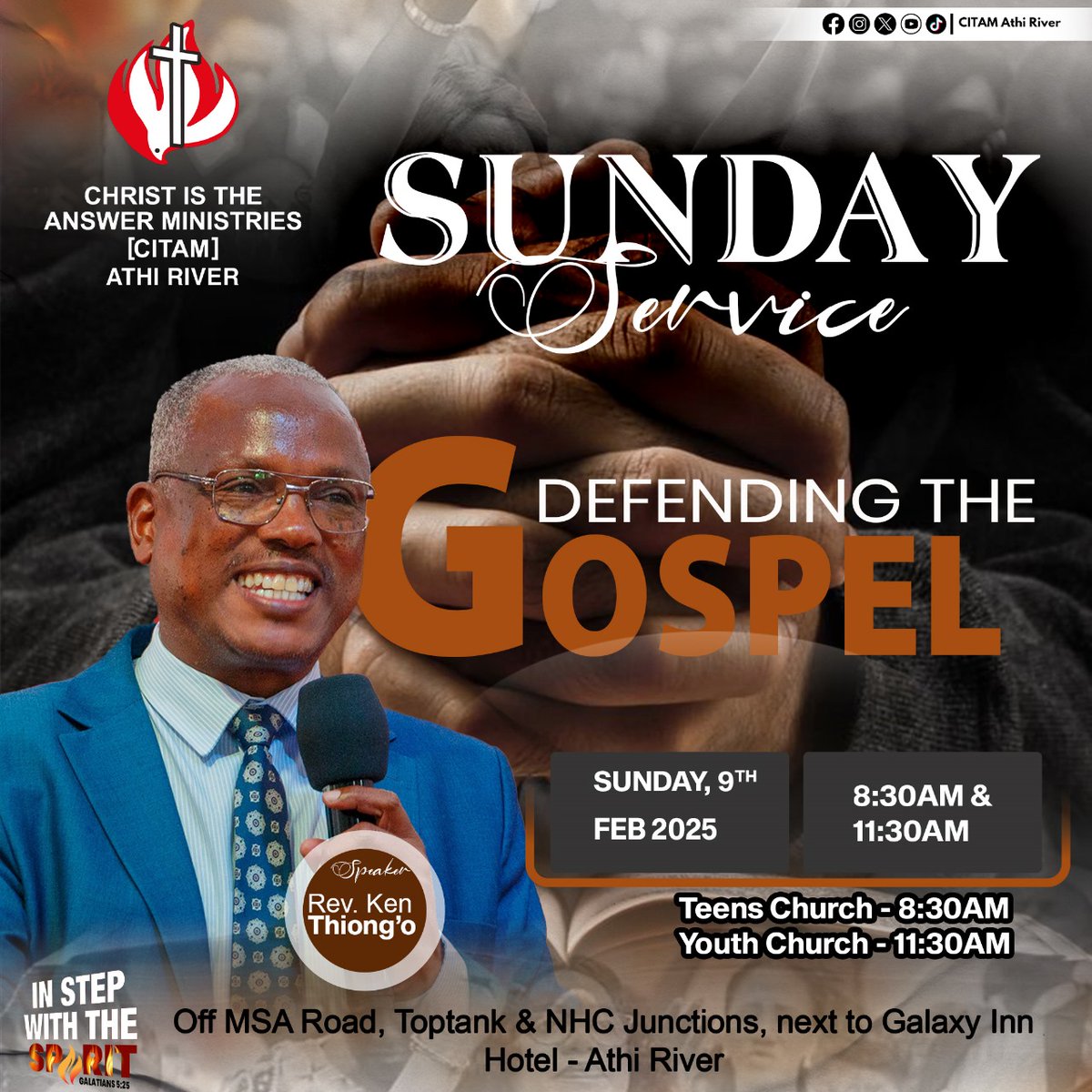 Join us this Sunday for an uplifting service as we dive into "Defending the Gospel" with Rev. Ken Thiong’o! ✨

📅 Date: Sunday, 9th Feb 2025
⏰ Time: 8:30 AM &amp; 11:30 AM
📍 Location: Off MSA Road, Toptank &amp; NHC Junctions, next to Galaxy Inn Hotel - Athi River
