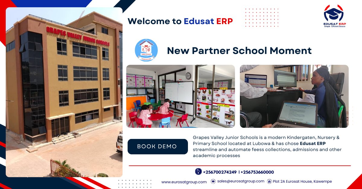EurosatUg's tweet photo. 🚀 Exciting News Alert! 🚀

We’re thrilled to welcome Grapes Valley Junior Schools to the #EdusatERP family! 🎉 This modern Kindergarten, Nursery &amp; Primary School in Lubowa is now leveraging our platform to Automate fees collections, Streamline Admissions, and Academics https://t.co/GAKu5R3kI6