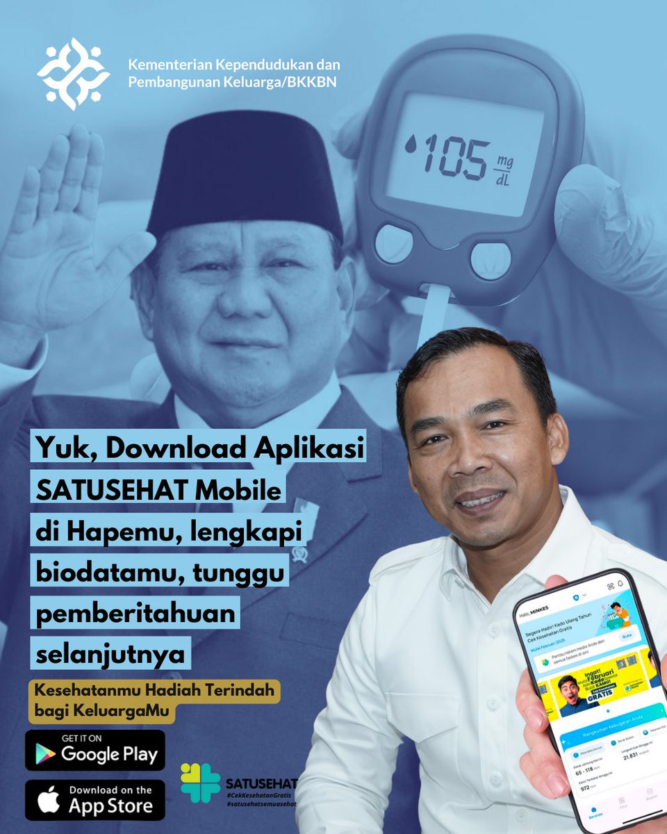Hai Keluarga Indonesia yang sedang merayakan ulang tahun, unduh aplikasi 𝗦𝗔𝗧𝗨𝗦𝗘𝗛𝗔𝗧 𝗠𝗼𝗯𝗶𝗹𝗲 sekarang! 

#PresidenPrabowo 
#KabinetMerahPutih    
#KemendukBangga
#BKKBN 
#Wihaji 
#Isyana 
#CekKesehatanGratis
#SATUSEHAT
#kependudukan
#pembangunankeluarga
#stunting