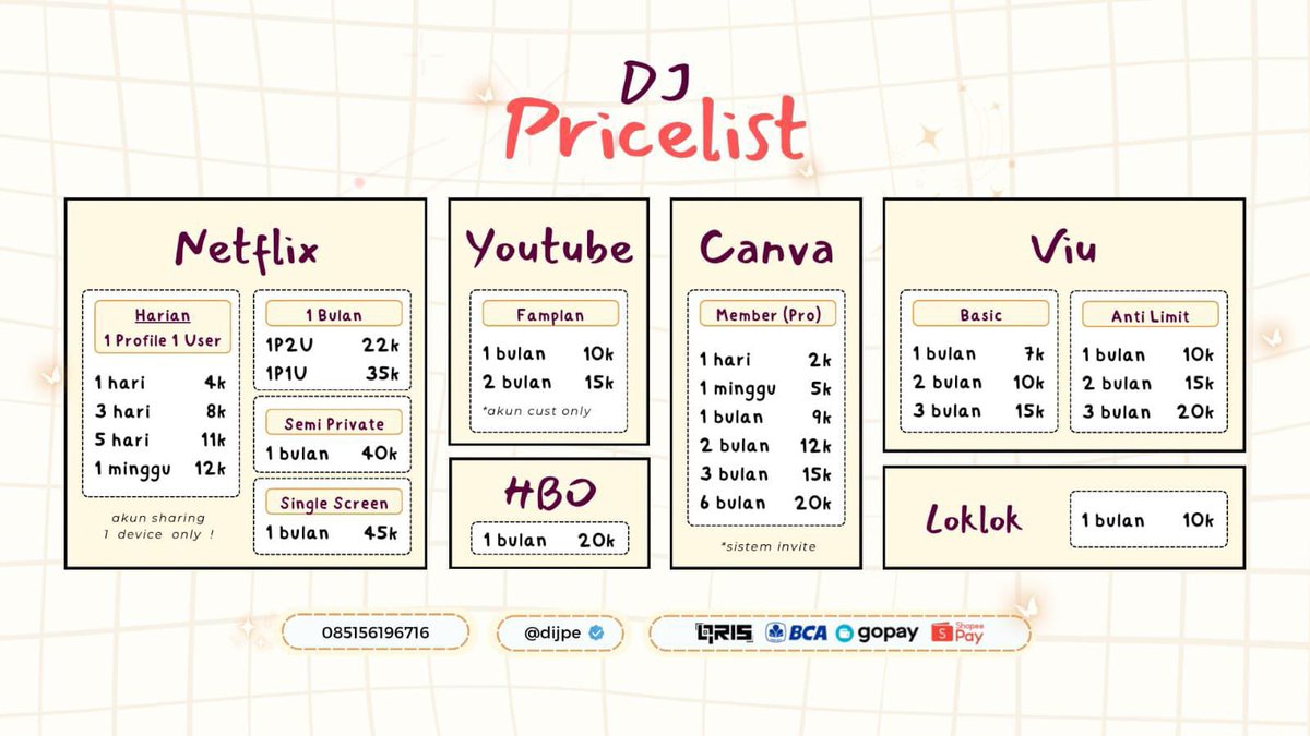 OPEN WTS WTB JUAL BELI ORDER SEWA AKUN NETFLIX CANVA VIU YOUTUBE PREMIUM HBO MAX LOKLOK HARIAN SEBULAN MURAH READY  💖  #zonauang 

☎️ : s.id/chatDJ