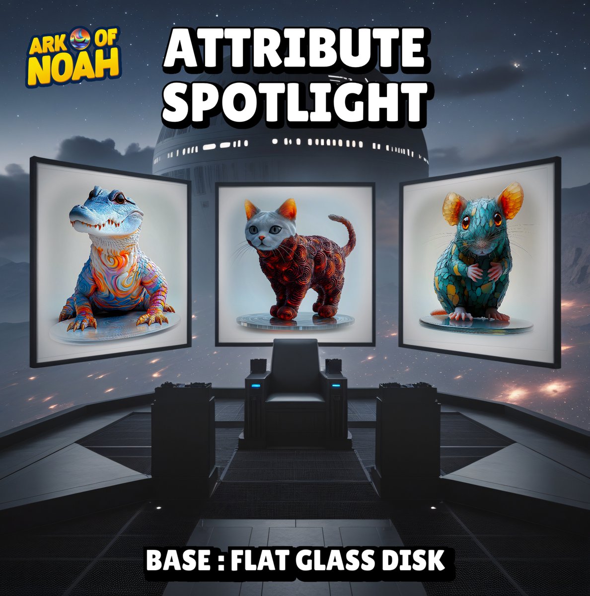 Arkofnoah_io's tweet photo. 🌌✨ Meet the incredible creatures of the Ark of Noah, each showcasing a vibrant pattern on a base flat glass disk! From the swirls of the lizard-like beast to the whimsy of the cat and the unique texture of the mouse-like friend, their traits shine in the Web3 world of digital collectibles. Which creature's pattern captivates you the most? 🐾💎 #NFT #AnimalTraits
