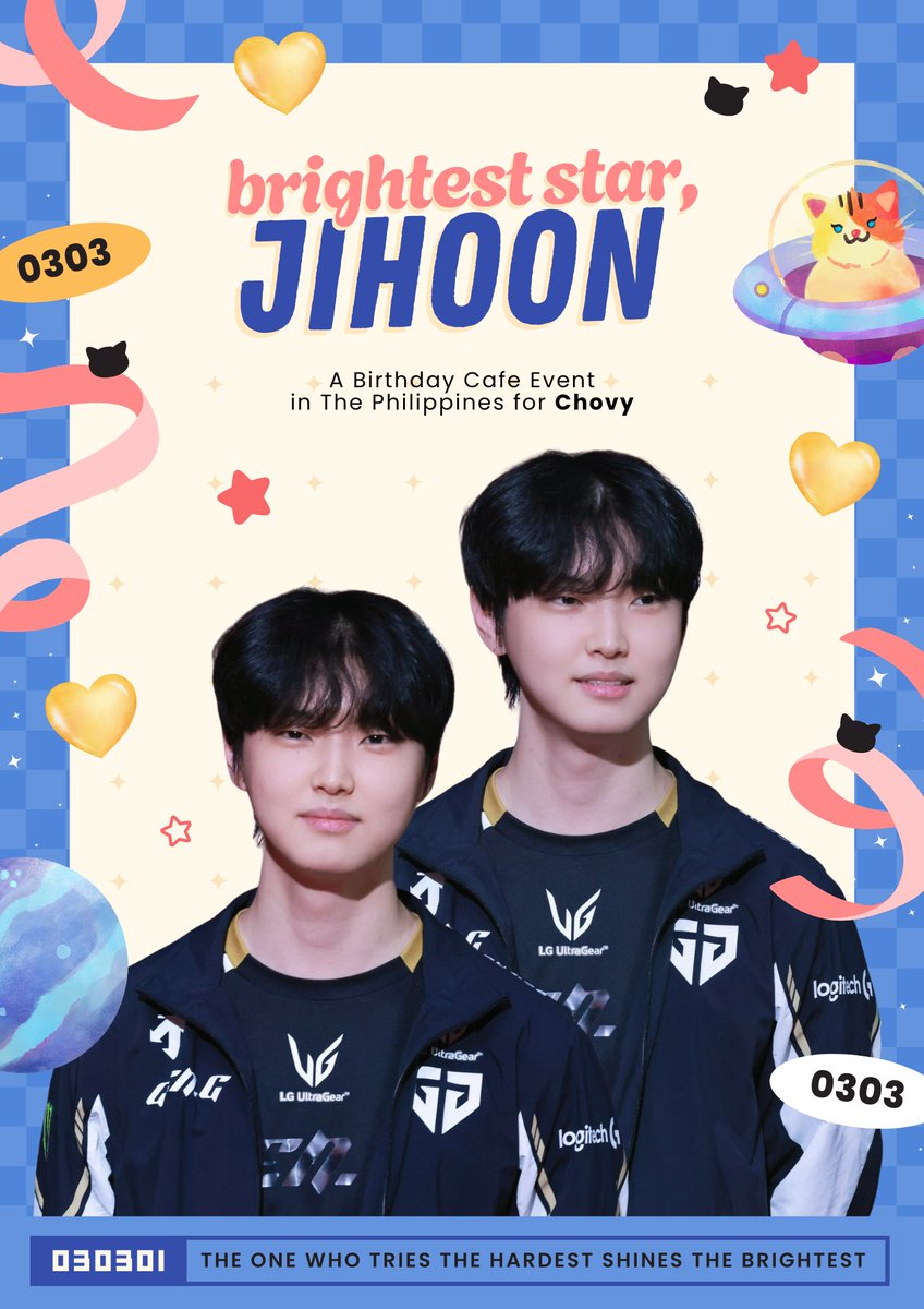 [ 𝐄𝐕𝐄𝐍𝐓 𝐍𝐎𝐓𝐈𝐂𝐄 ]

˗ˏˋ 𝐁𝐫𝐢𝐠𝐡𝐭𝐞𝐬𝐭 𝐒𝐭𝐚𝐫, 𝐉𝐢𝐡𝐨𝐨𝐧 ♡ ˎˊ˗
A Birthday Cafe Event in The Philippines for Chovy.

🗓️ March 02, 2025
📍 Obscure Café - One Archers Place
Taft Avenue, Manila

₊˚ʚ ᗢ₊˚✧ ﾟ. #ChovyDayPH
#Chovy #쵸비 #정지훈