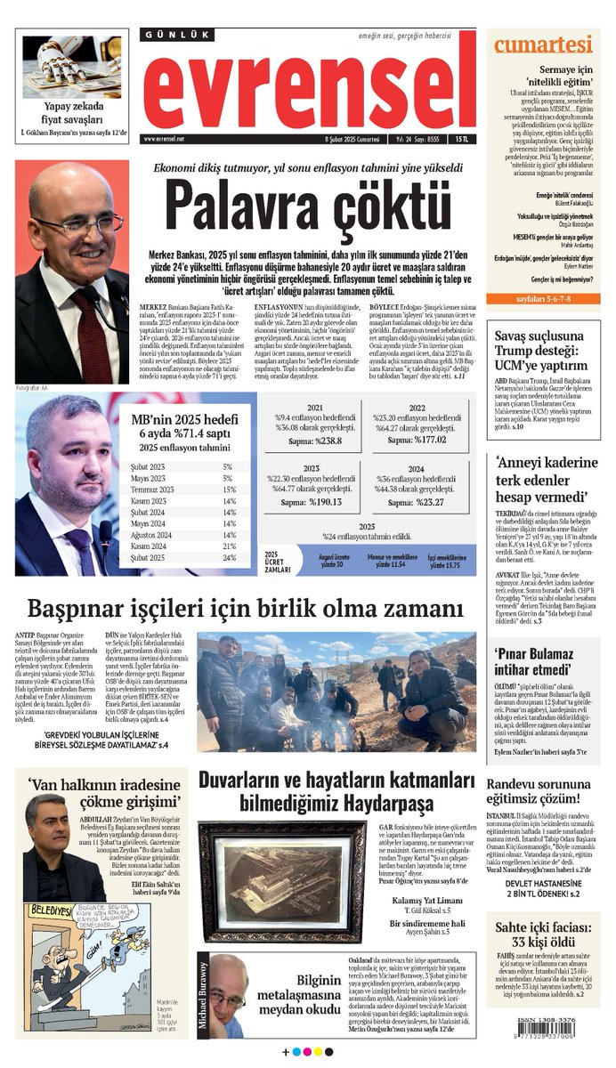 Merkez Bankası, 2025 yıl sonu enflasyon tahminini, daha yılın ilk sunumunda yüzde 21'den yüzde 24'e yükseltti. Enflasyonu düşürme bahanesiyle 20 aydır ücret ve maaşlara saldıran ekonomi yönetiminin hiçbir öngörüsü gerçekleşmedi. Ama ücret ve maaş artışları bu sözde öngörülere