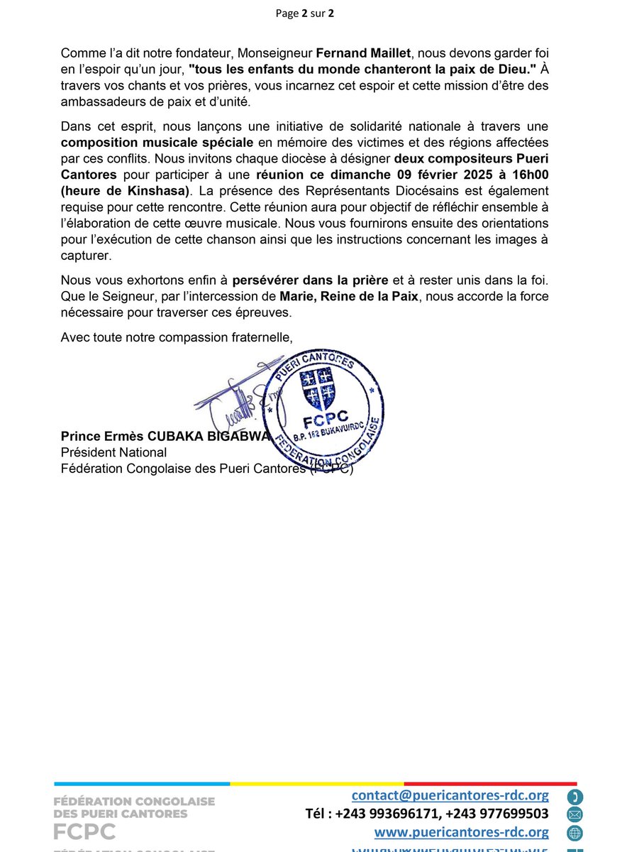 Ensemble, prions et soutenons toutes les familles et communautés affectées par les violences dans l'Est de notre pays. Que la paix de Dieu illumine les cœurs et guérisse les blessures.🕊️

Découvrez et partagez ce message d compassion de la Fédération Congolaise des Pueri Cantores