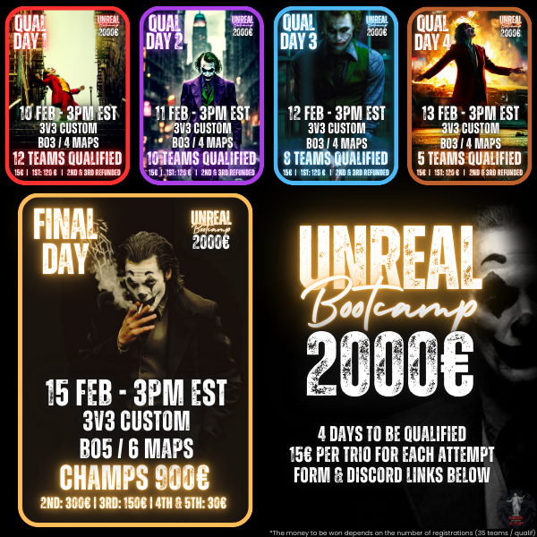 🏆 Unreal Bootcamp #1

Want to train WSOW ?

🗓️ NEXT WEEK
💰 2000€ (100% Payout)
🎮 3v3 Custom
4⃣ Qualifying days (15€ entry, I 🎁 one / Qual)
❌ No invitational

 ➡️ Form forms.gle/1kCyPXNXEerdph…
🥷 Discord discord.gg/PwGNSetb8G
👑 Leaderboard t.ly/vc1Qk
