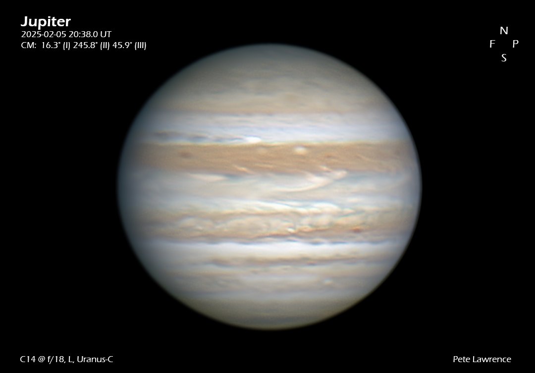 Jupiter on 5 Feb 2025. 15 mins de-rotated. NTB outbreak visible as the bright patch just left of centre on the northern edge oh the NEB.